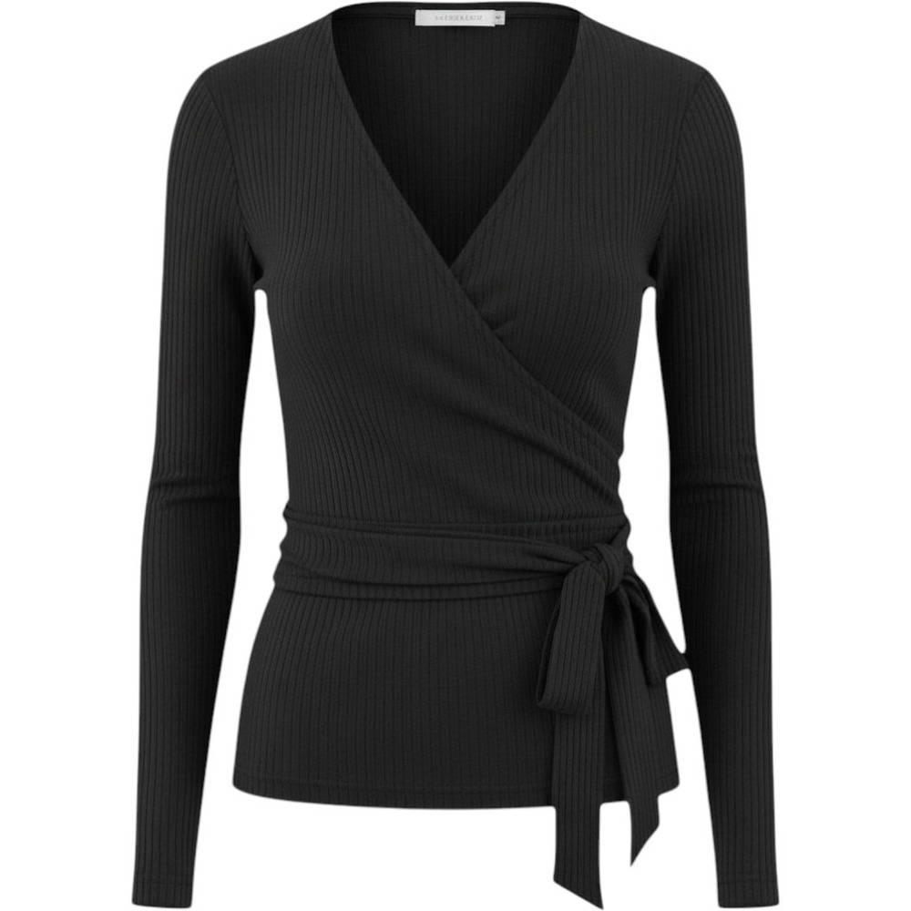 YMI Collections Womens Black Ribbed Long Sleeve Wrap Crop Top Side Tie Size Med